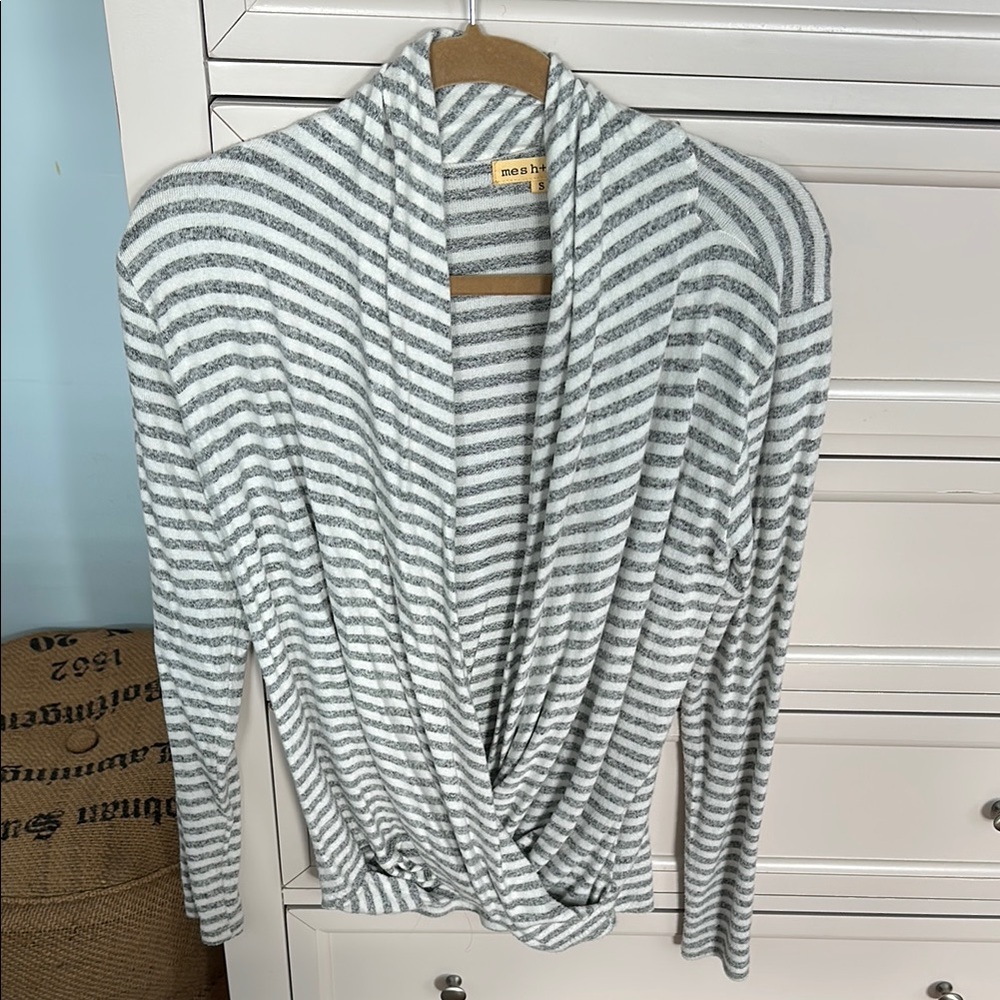 Like new Mesh & Lace Gray and White Striped Cardigan